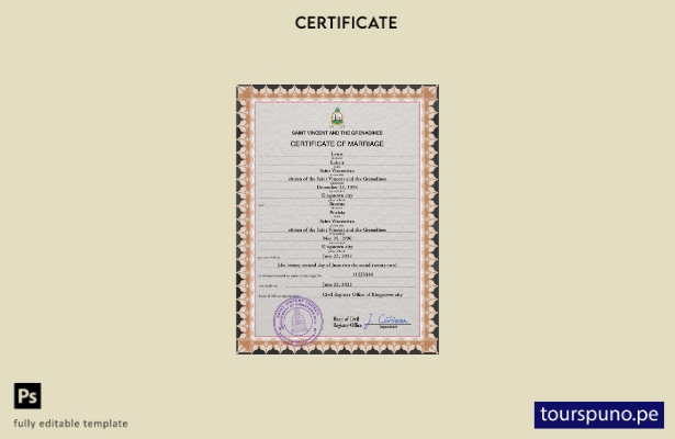 Plantilla de certificado de matrimonio de San Vicente y las Granadinas lista par